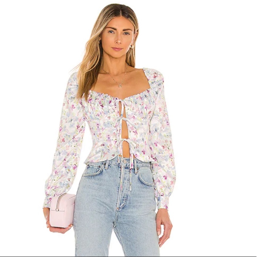 MAJORELLE White Floral Tie-Front Long Sleeve Top